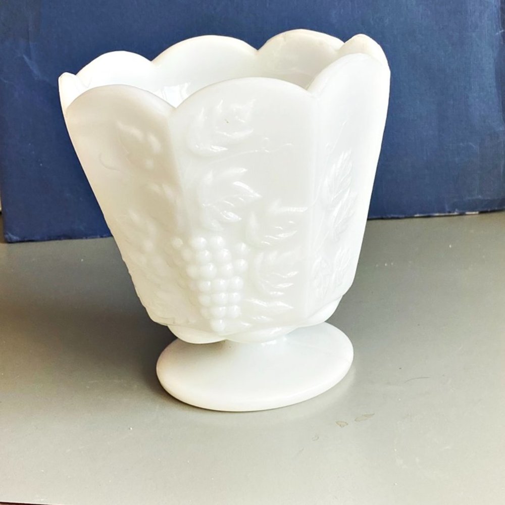 Vintage EO Brody Ohio Milk Glass Pedestal Urn Paneled Grapes Leaves Scallop Vase